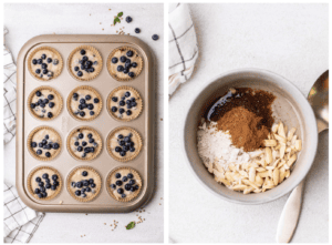 A muffin tin with batter divided into muffin cups, and a small bowl showing mixing together the streusel topping.